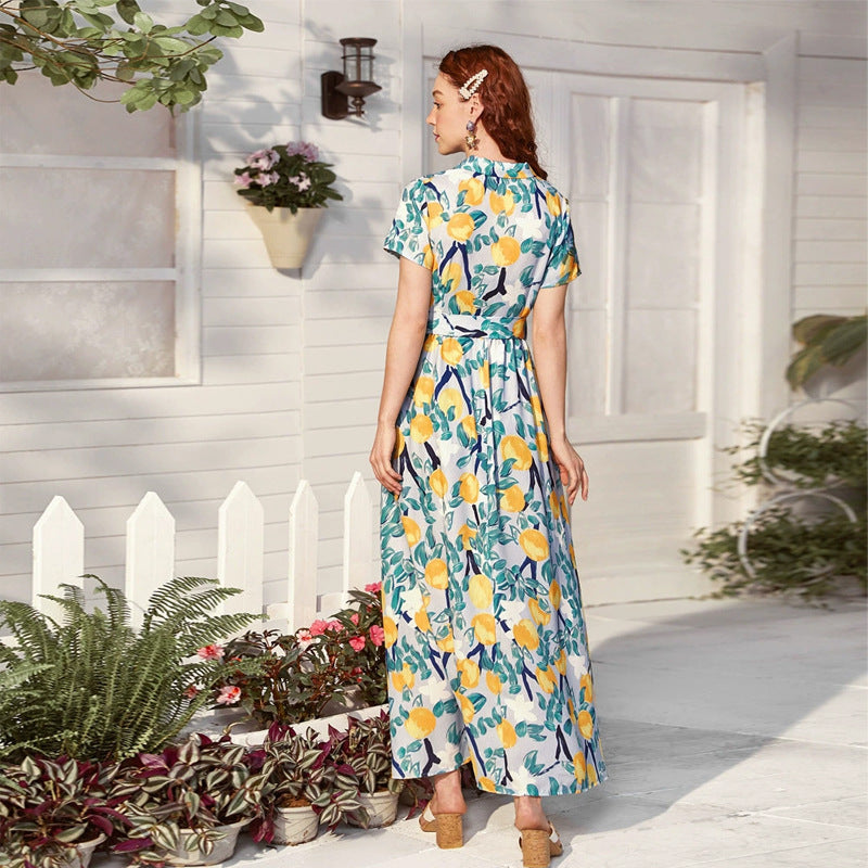 Printed Belted Sweet V-Neck Maxi Dress
