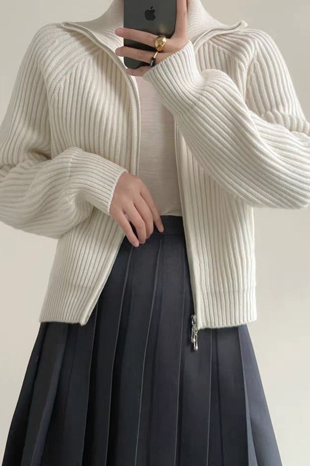 Ribbed High Neck Zip Sweater