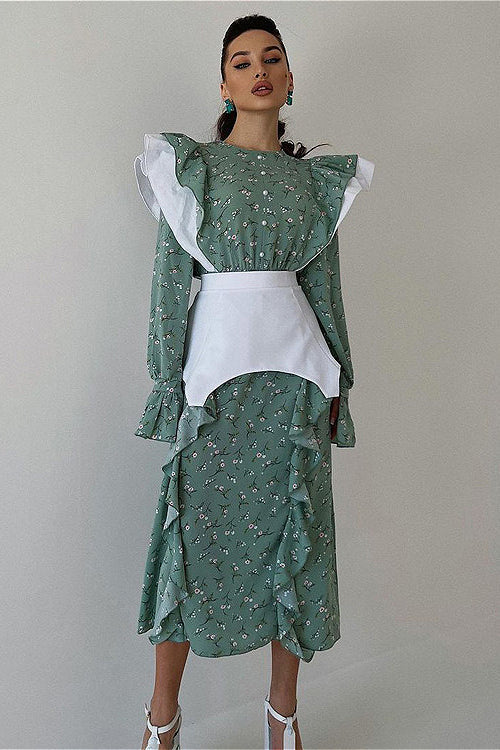 Belted Long Sleeve Casual Floral Dress