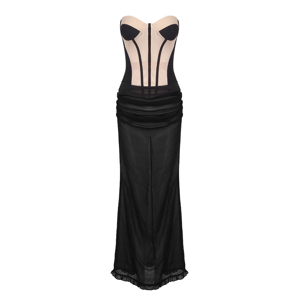 Apricot Mesh Black Chiffon Two Piece Maxi Dress