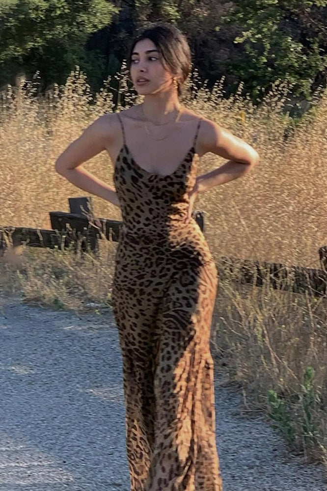 Leopard Print Open Back Fitted Maxi Dress