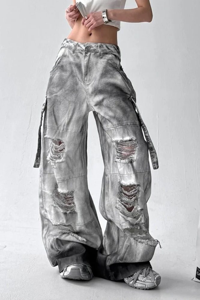 Washed Ripped Wide Leg Jean