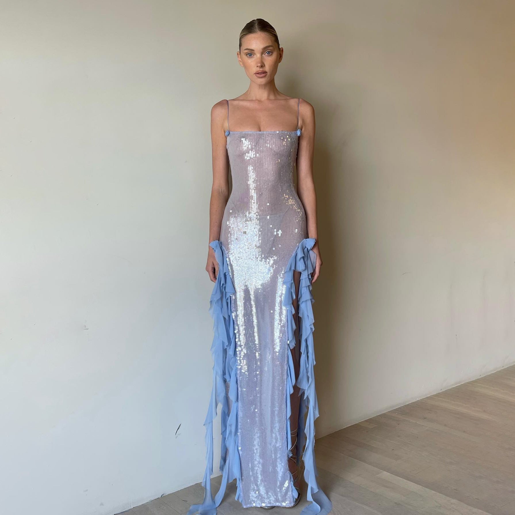 Sheer Sequin Floral Frayed Maxi Dress