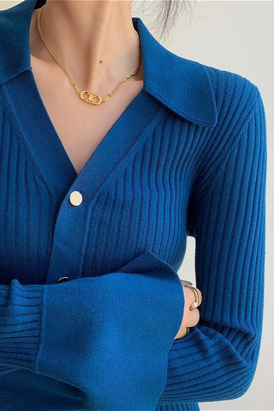 Blue V-Neck Chic Slim Knit Cardigan