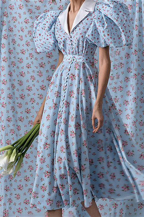 Puff Sleeve Collared High Waist Button A Line Floral Dress