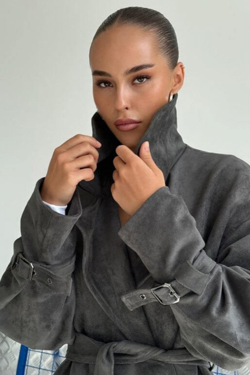 Retro Suede Lapel Tie Waist Jacket Coat