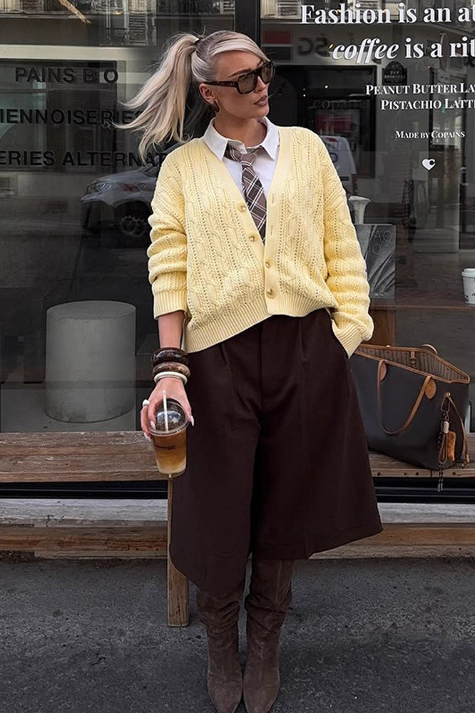 V-Neck Solid Button Long-Sleeve Cardigan