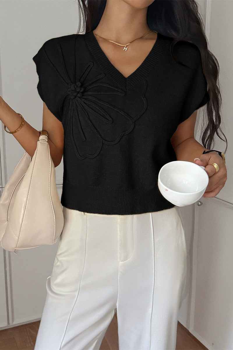 Deep V Short Sleeve Solid Sweater