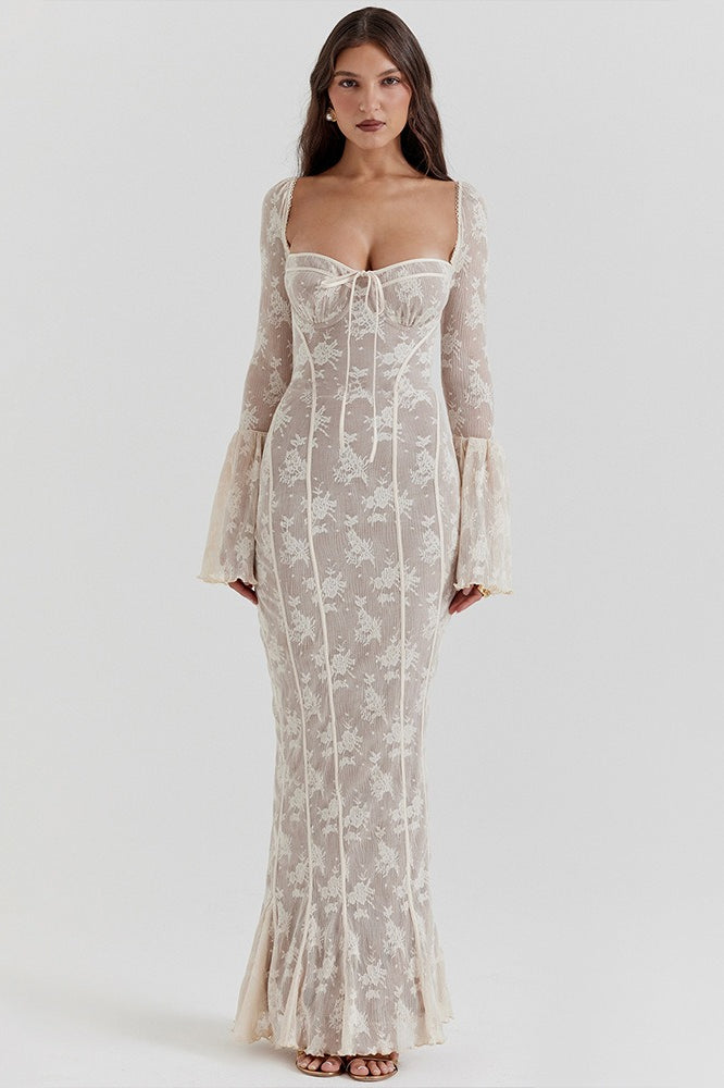 Lace Bodycon Flare Sleeve Maxi Dress