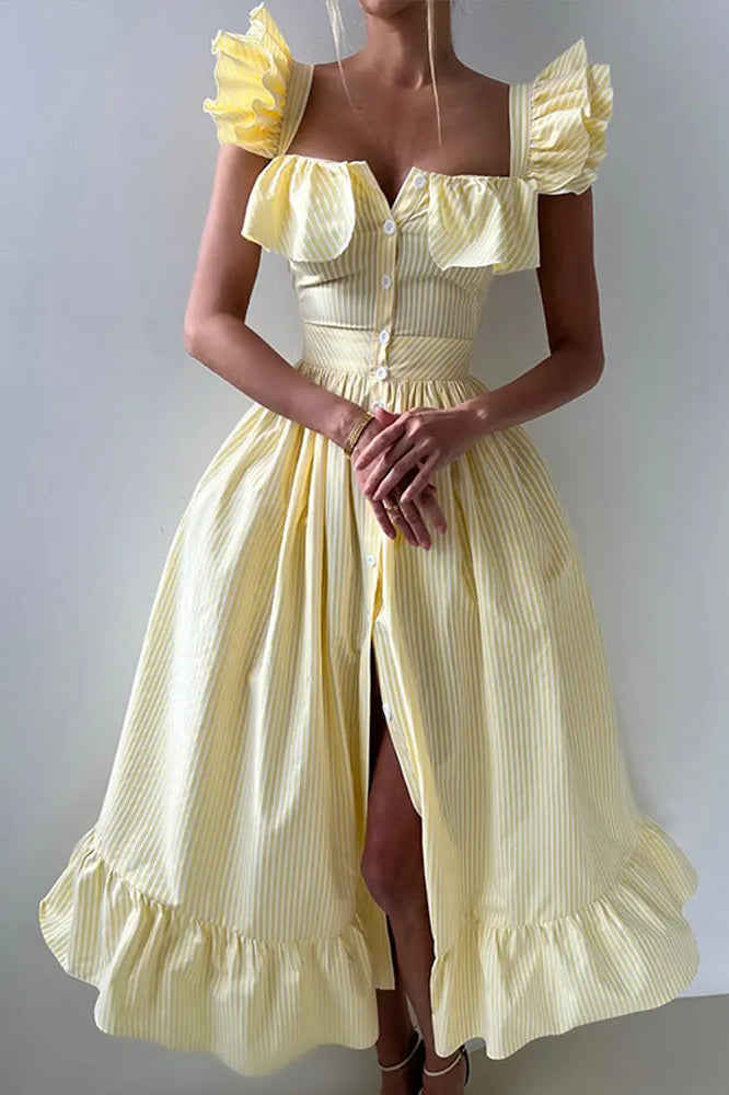 Ruffle Stripe Square Neck Floral Dress