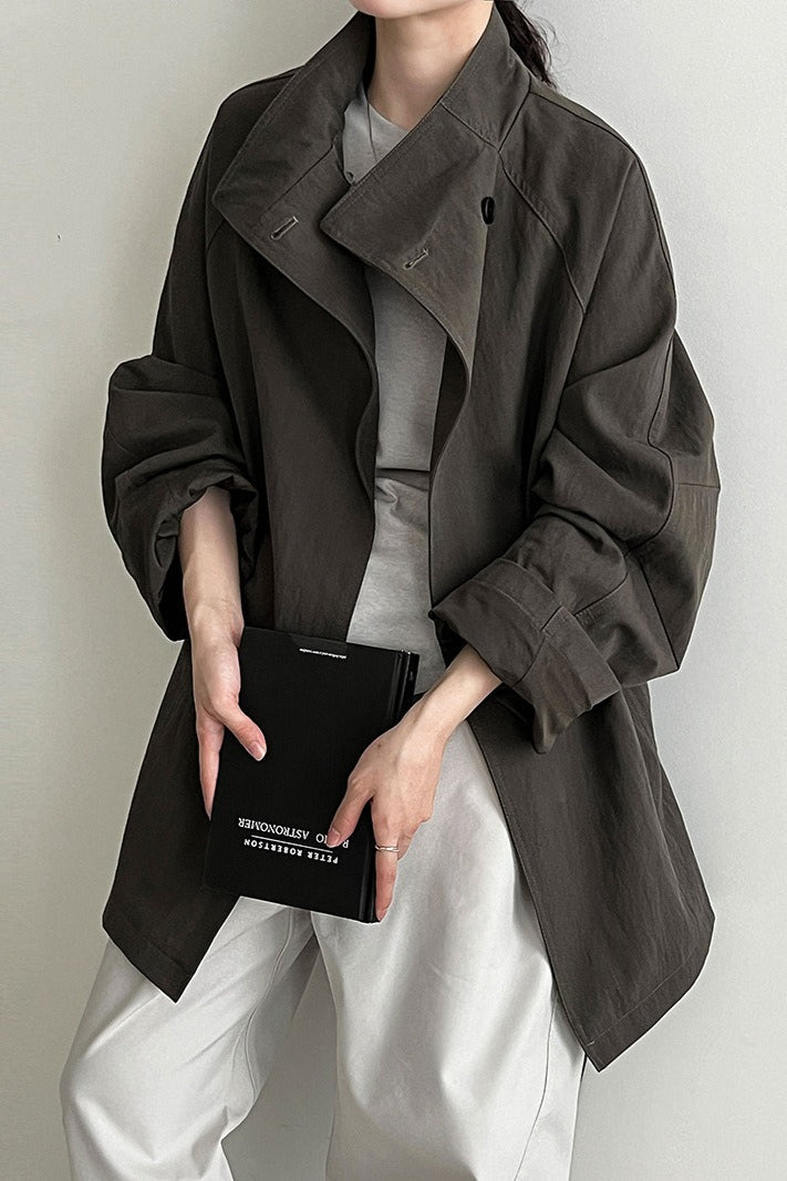 British Style Stand Collar Belted Mid Trench Coat
