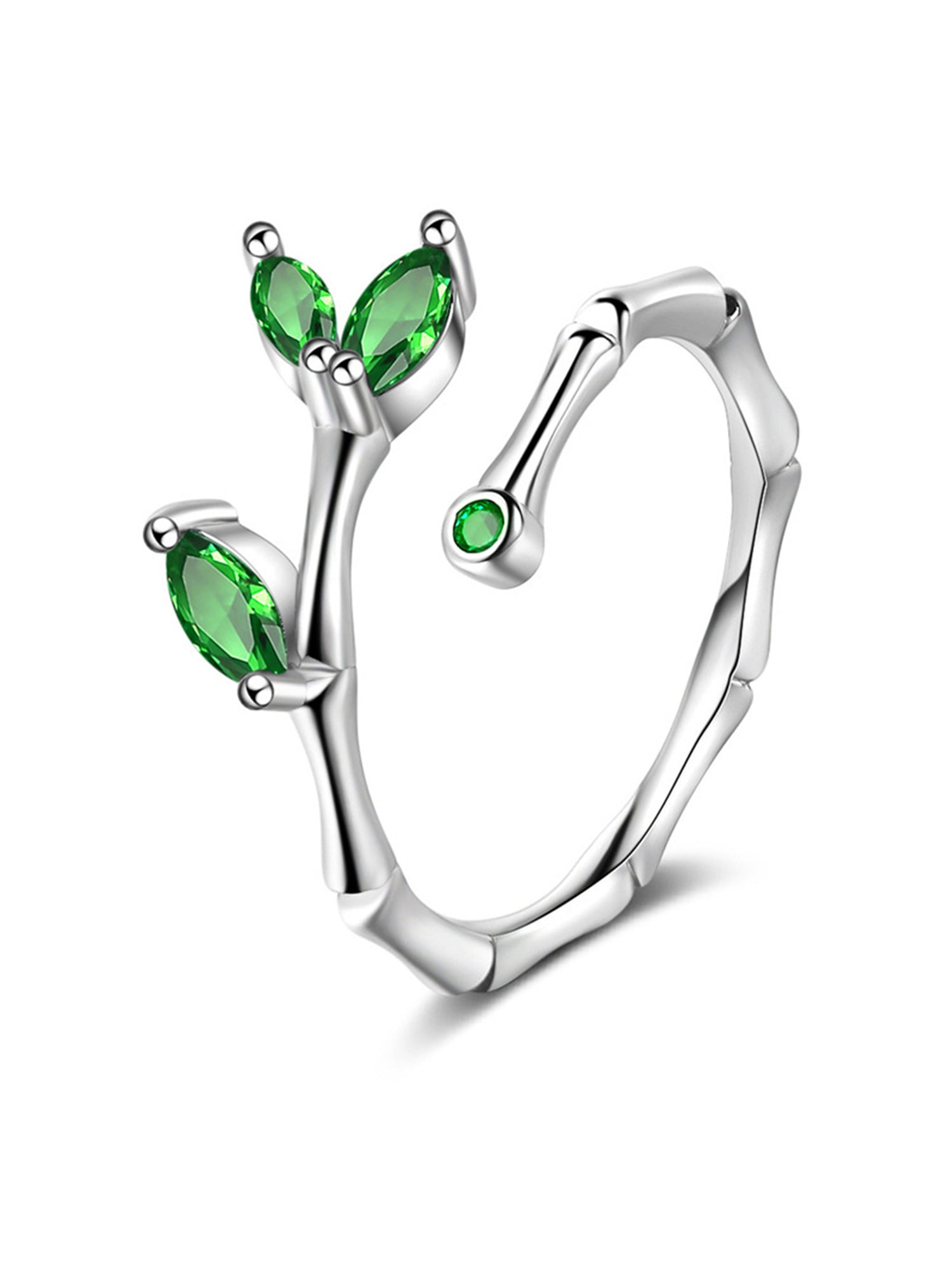 Silver Leaf Green Adjustable Crystal Ring