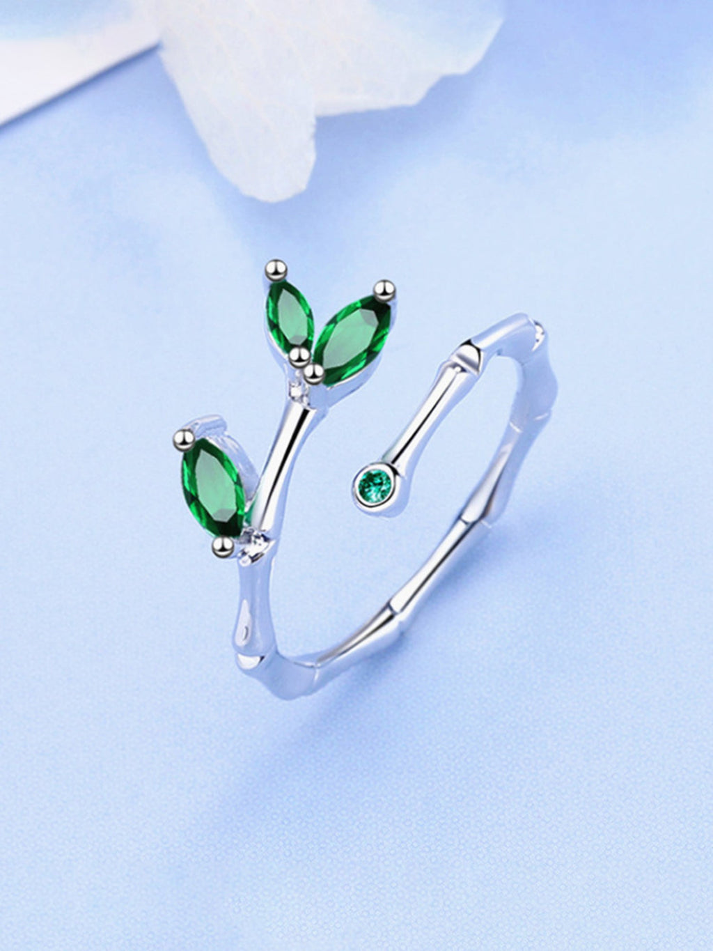 Silver Leaf Green Adjustable Crystal Ring