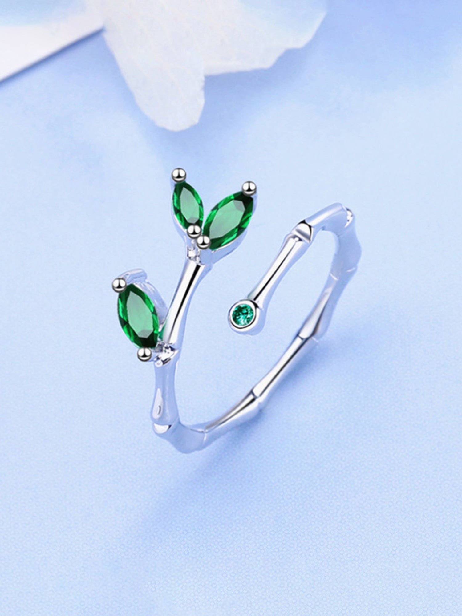 Silver Leaf Green Adjustable Crystal Ring