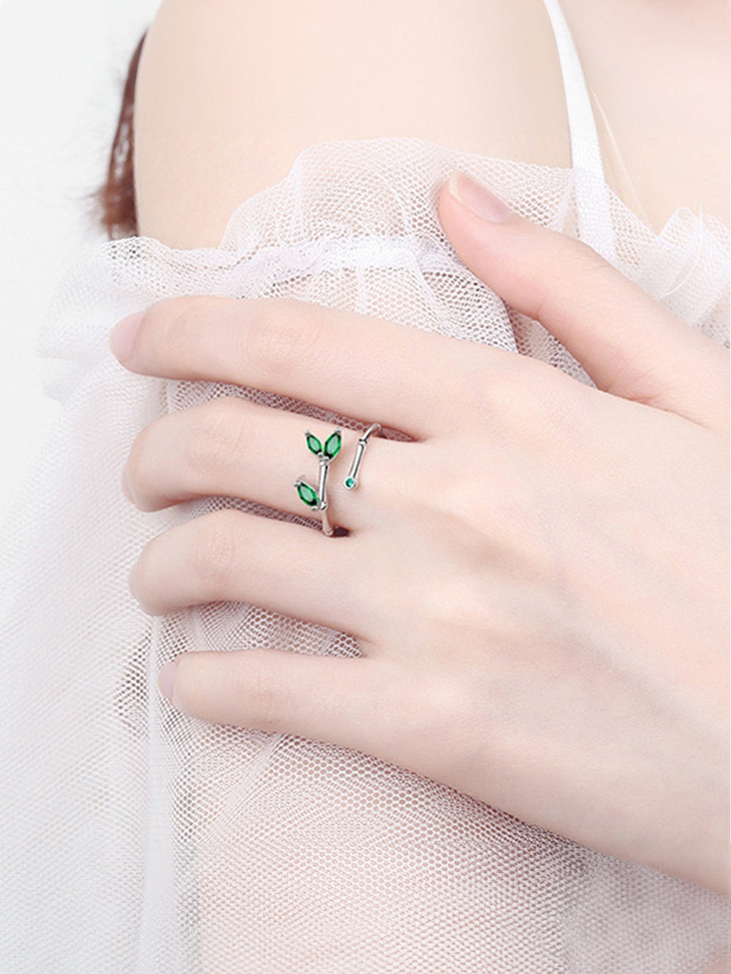 Silver Leaf Green Adjustable Crystal Ring