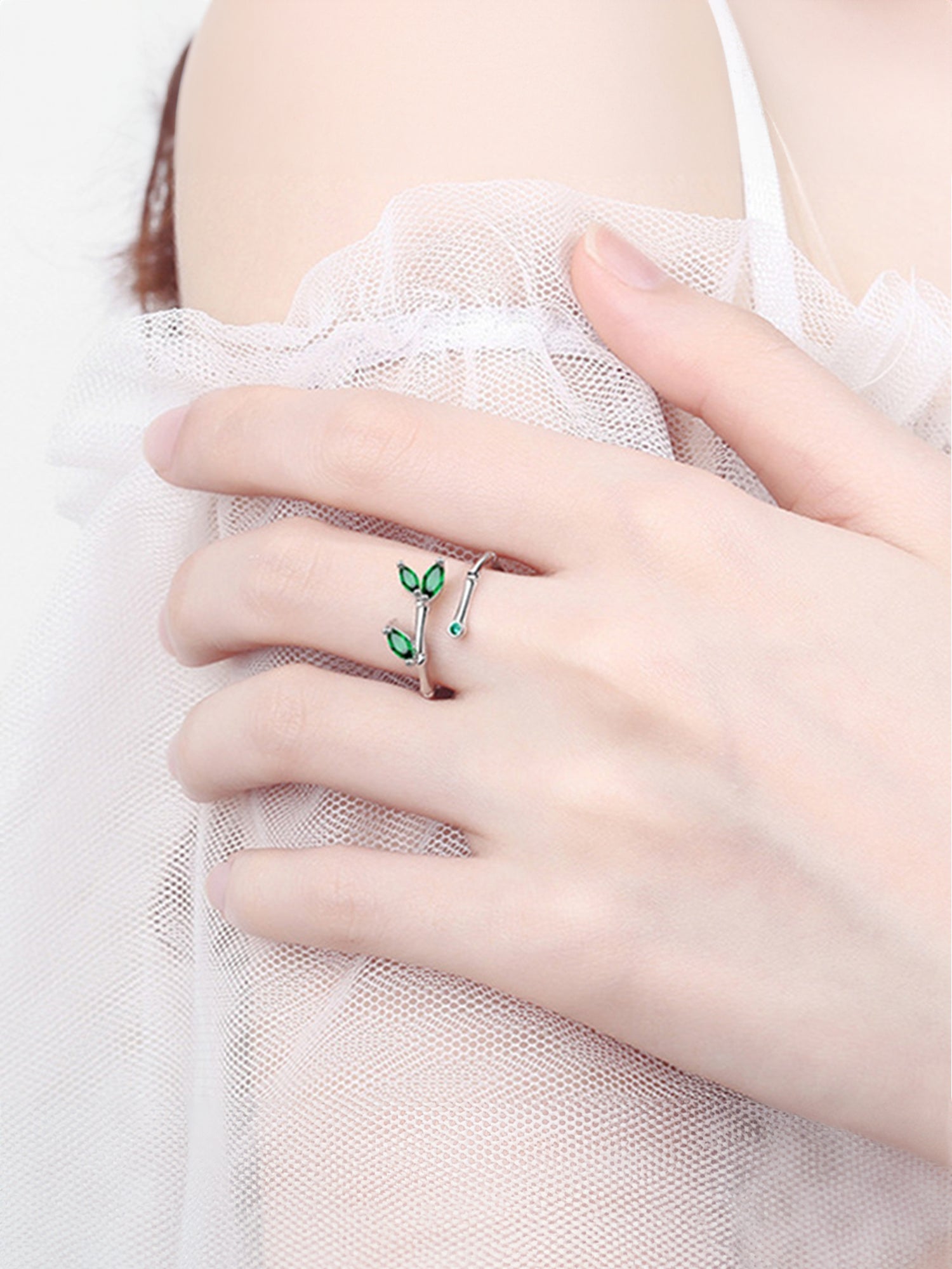 Silver Leaf Green Adjustable Crystal Ring