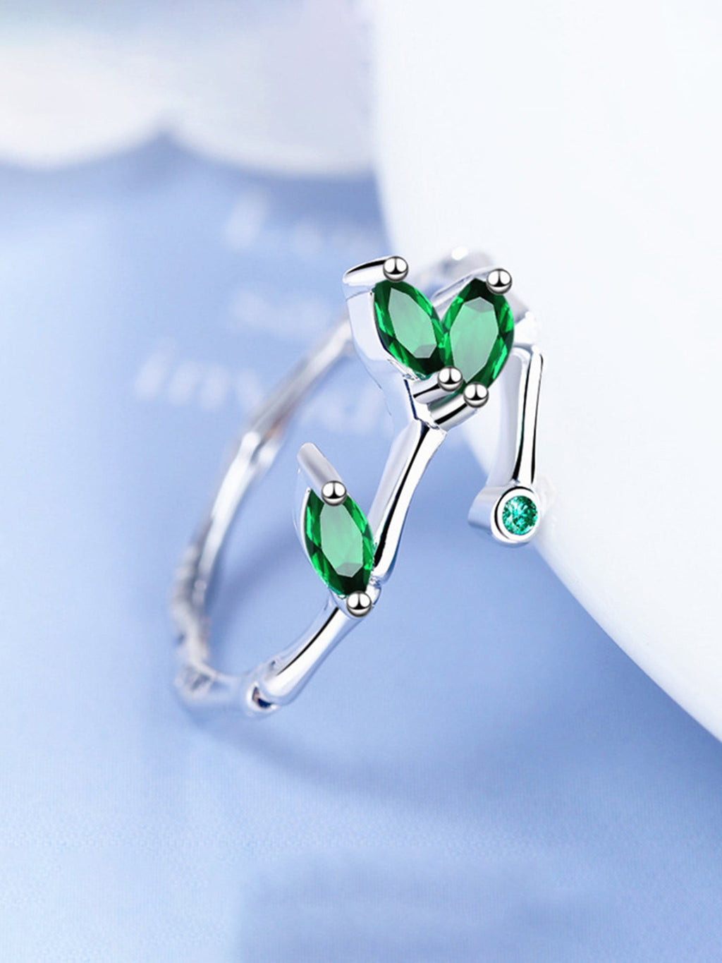 Silver Leaf Green Adjustable Crystal Ring