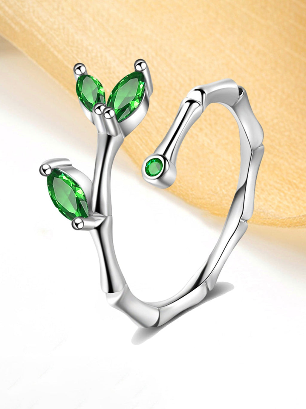Silver Leaf Green Adjustable Crystal Ring