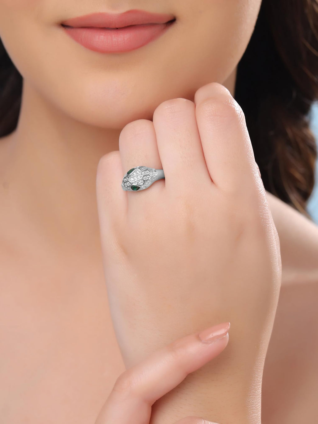Silver Toned Adjustable Snake Crystal Ring