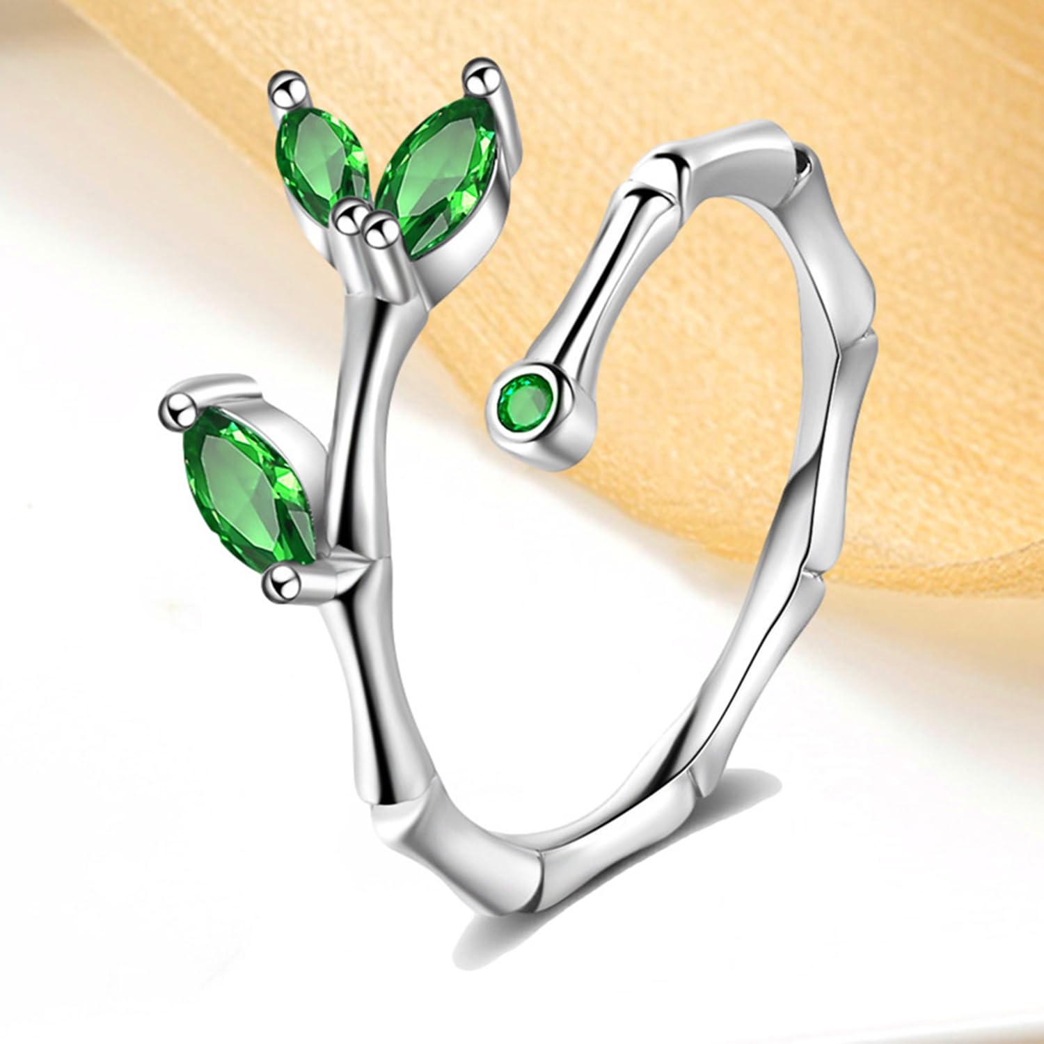 Silver Leaf Green Adjustable Crystal Ring