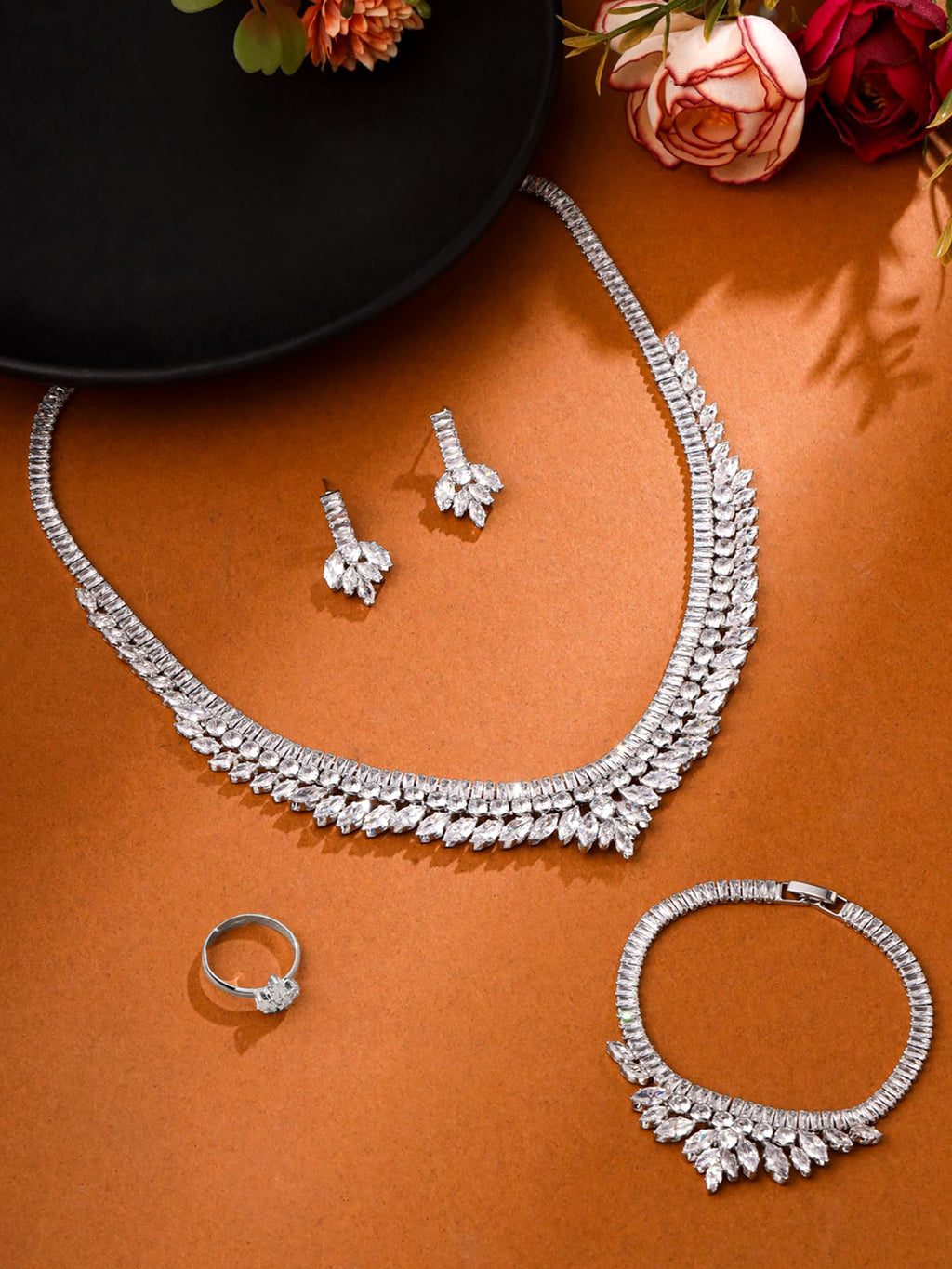 Silver Diamond Stone Jewelry Set Necklace