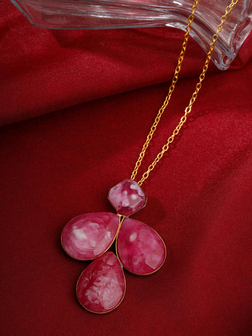 Gold Pink Stone Long Chain Necklace
