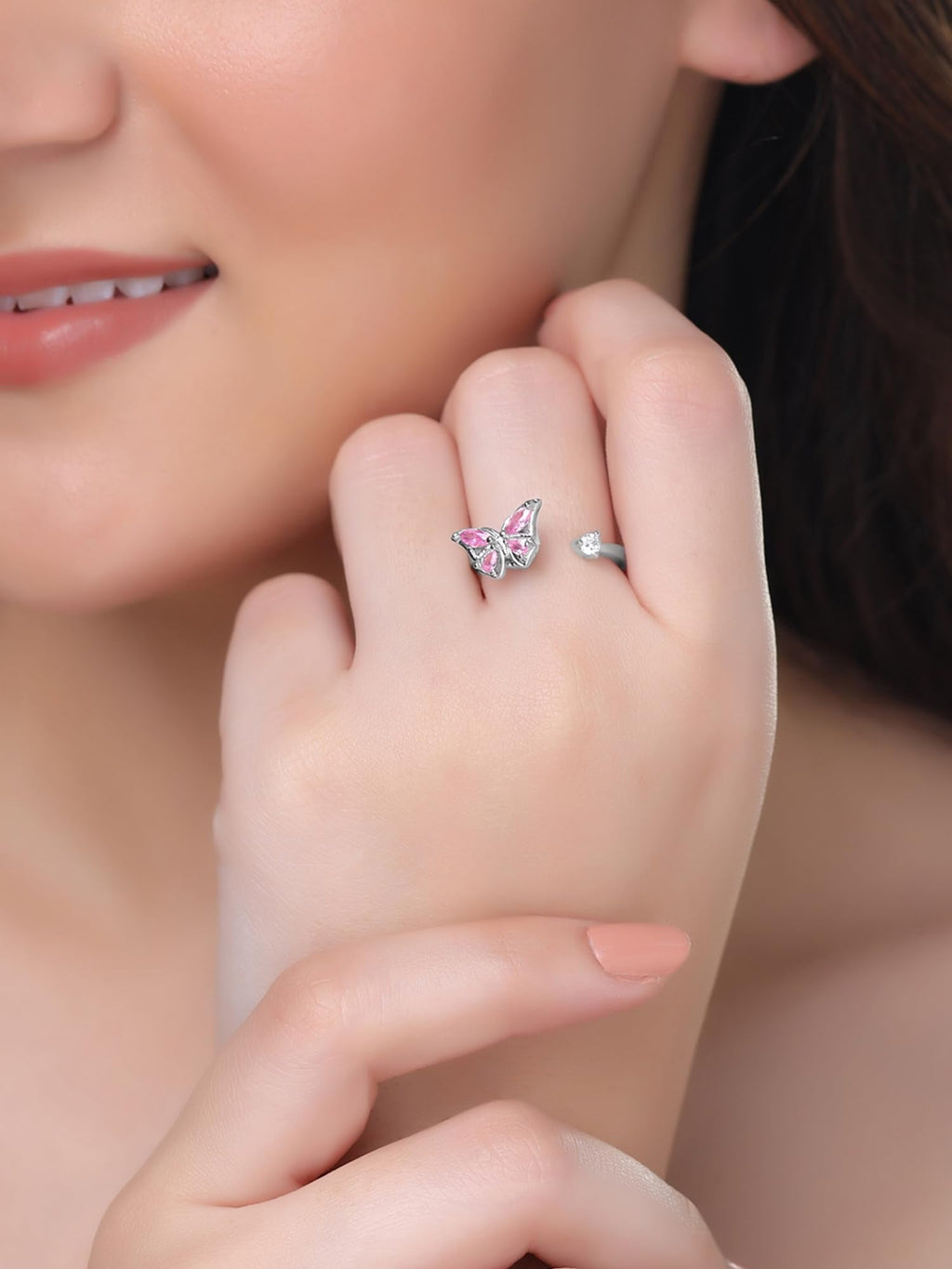 Pink Butterfly Rotating Crystal Ring