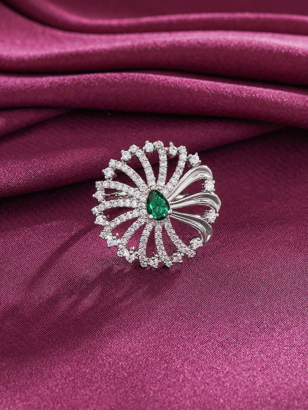 Silver AD Green Crystal Adjustable Ring