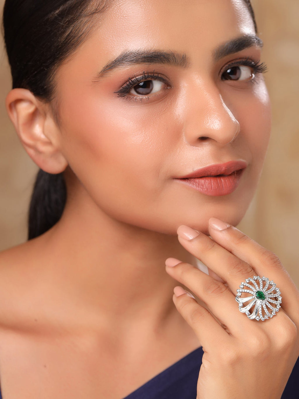 Silver AD Green Crystal Adjustable Ring