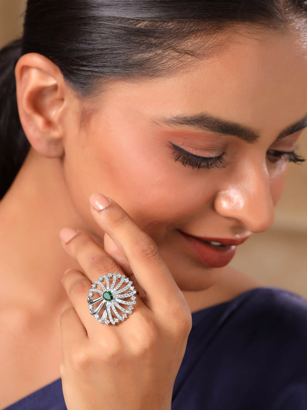 Silver AD Green Crystal Adjustable Ring