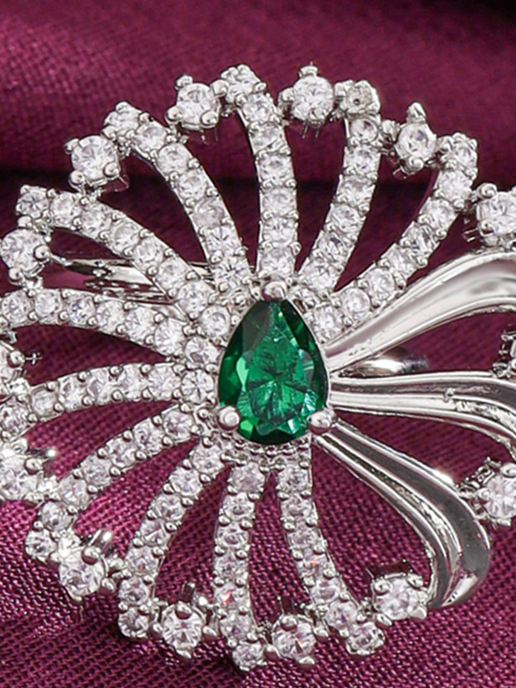 Silver AD Green Crystal Adjustable Ring