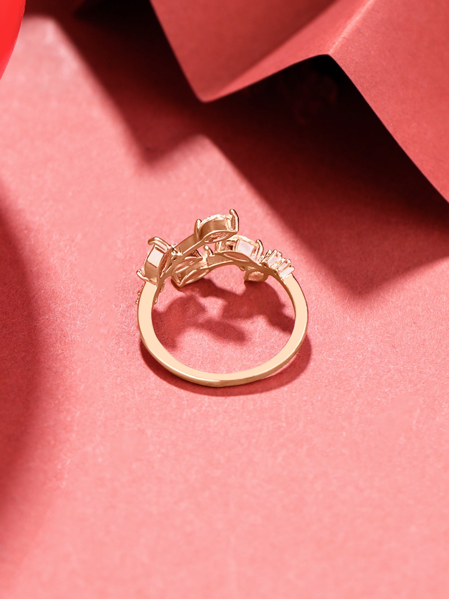 Rose Gold Leafy Crystal Adjustable Ring