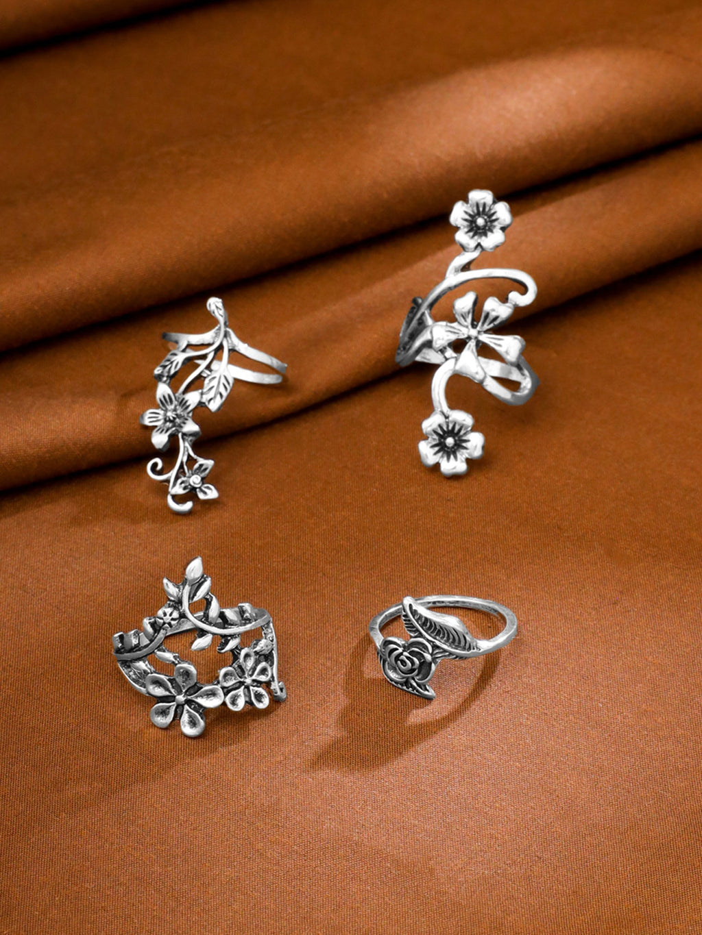 Oxidised Silver Four Piece Leaf Floral Ring