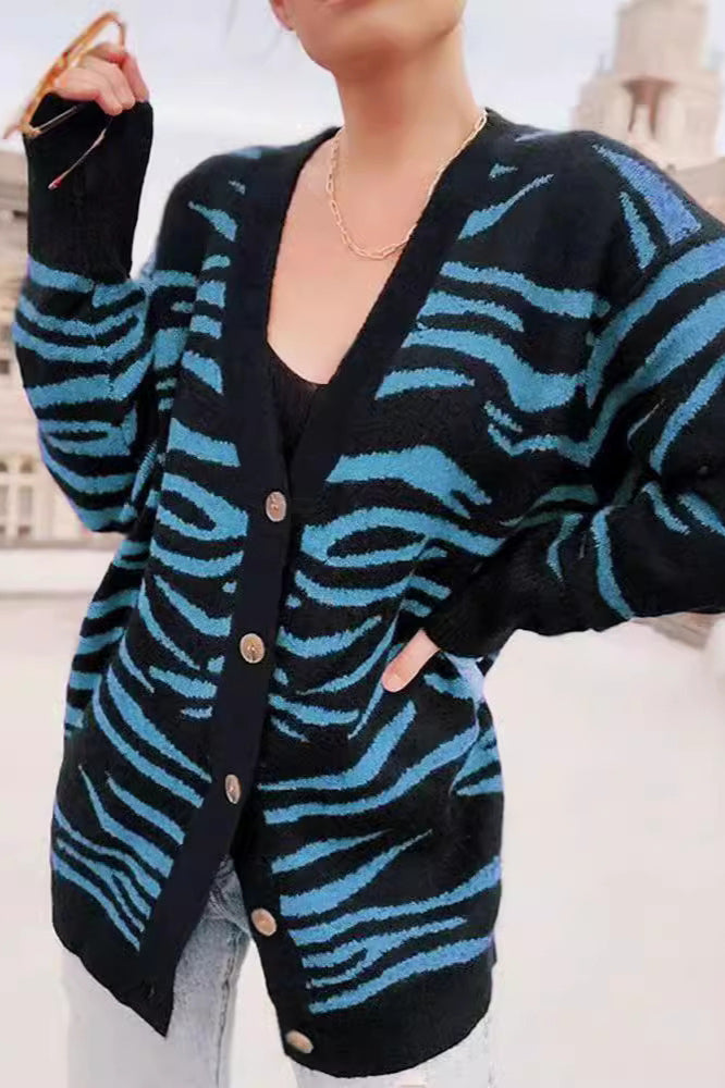 Casual Button Zebra Knit Cardigan