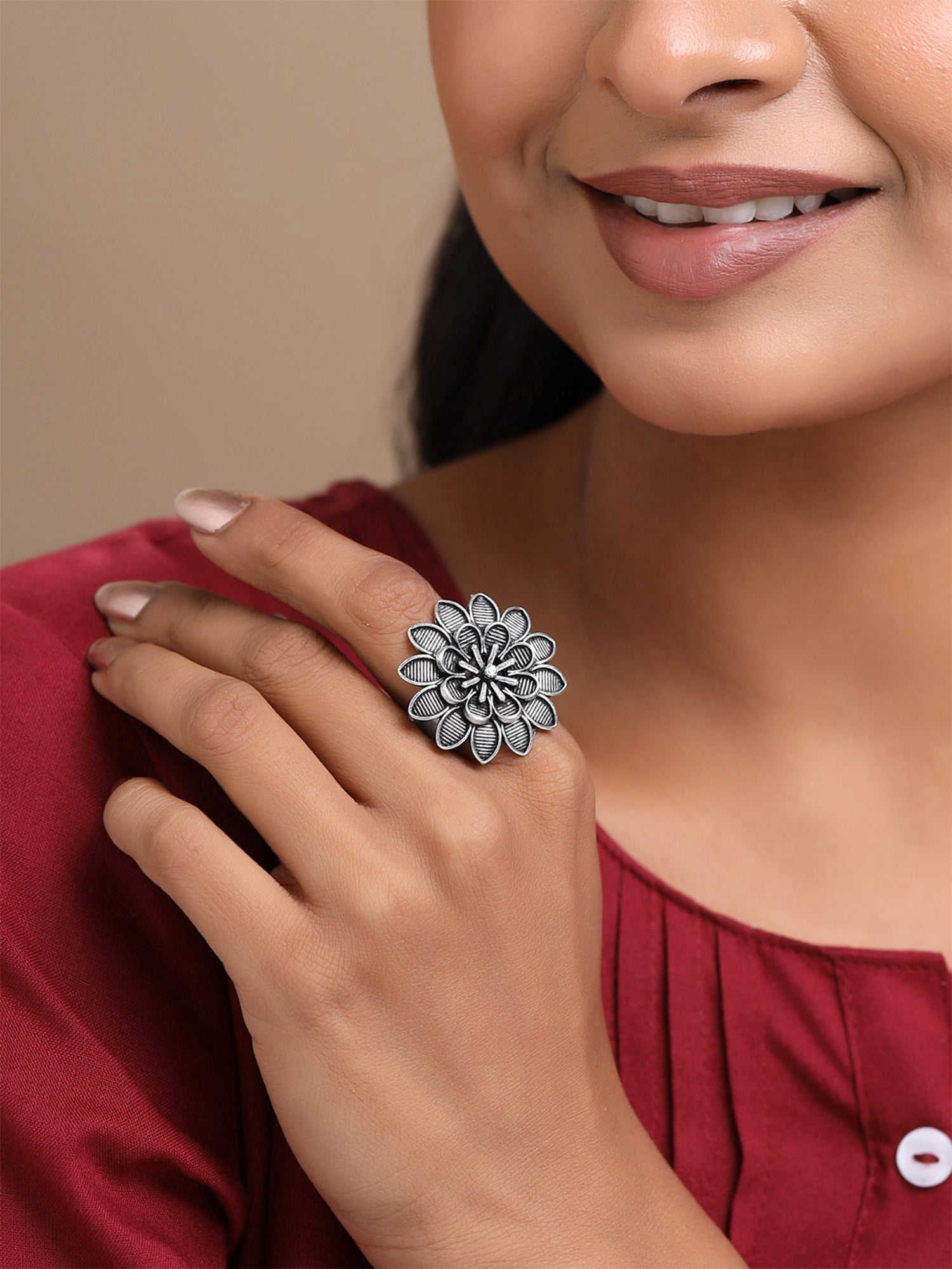 Oxidised Silver Artistic Cocktail Ring