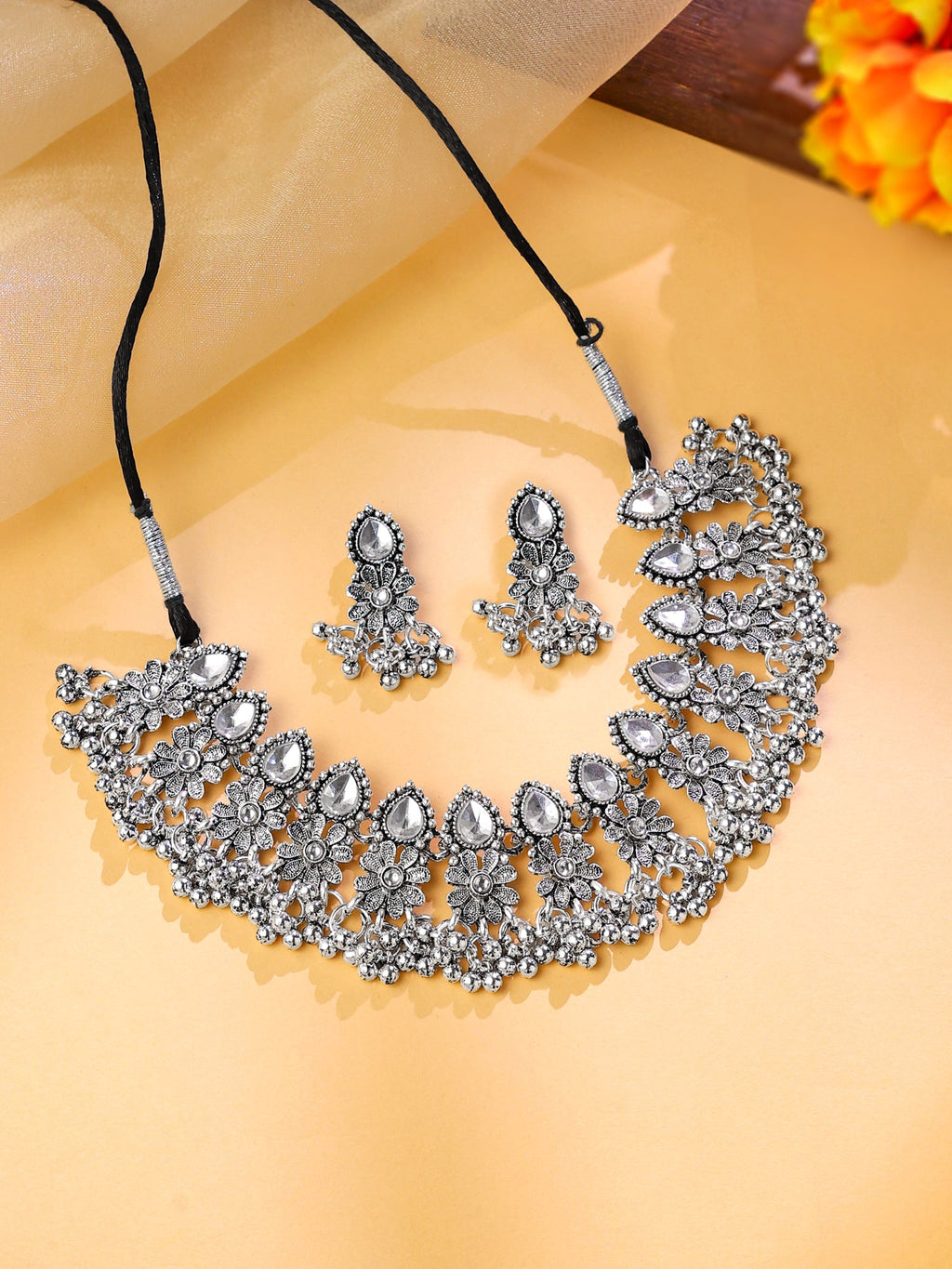 Oxidised Silver Drawstring Choker Necklace