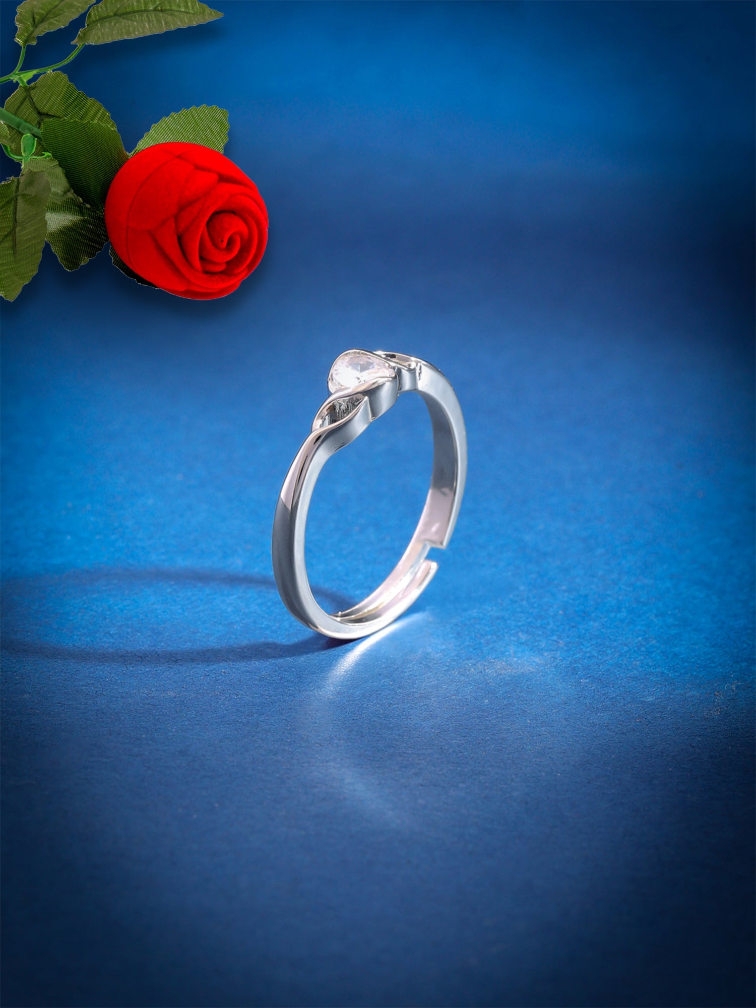 Red Rose Velvet Adjustable Silver Ring