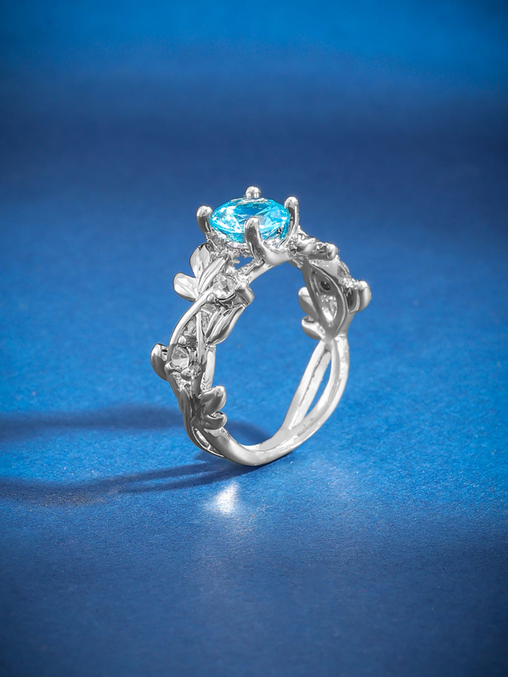 Silver Blue Crystal Floral Adjustable Ring