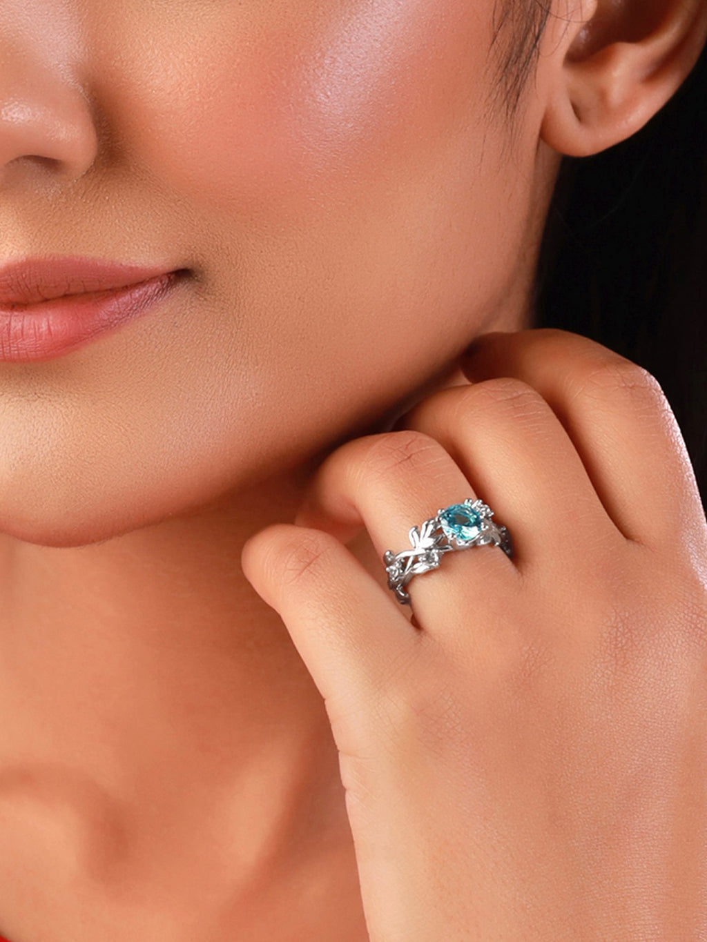 Silver Blue Crystal Floral Adjustable Ring