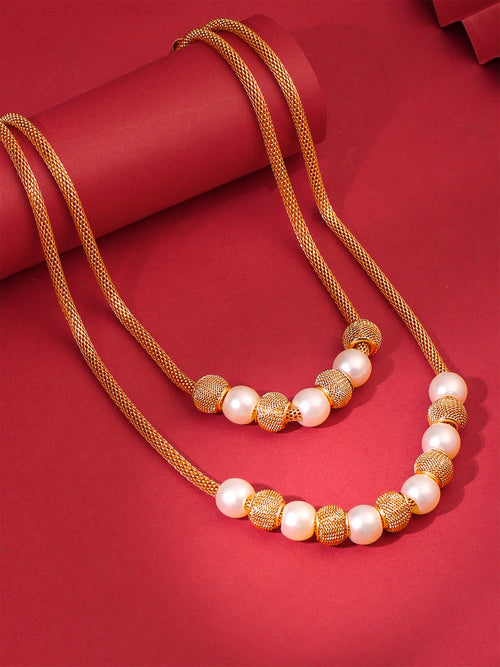 Gold Pearl Beads Layered Necklace