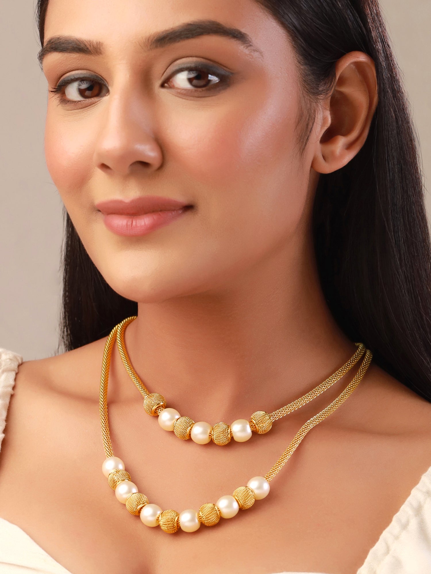 Gold Pearl Beads Layered Necklace
