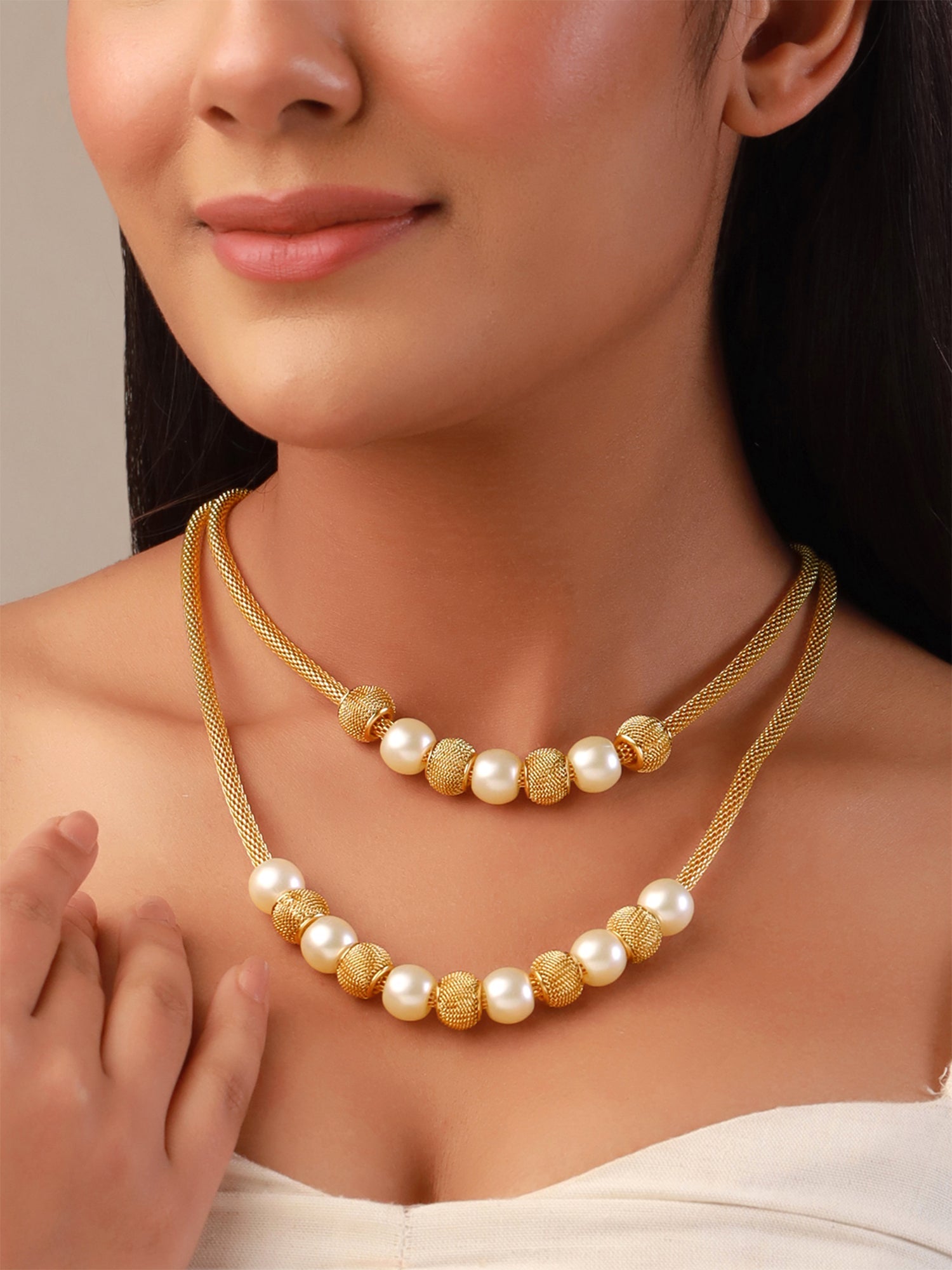 Gold Pearl Beads Layered Necklace
