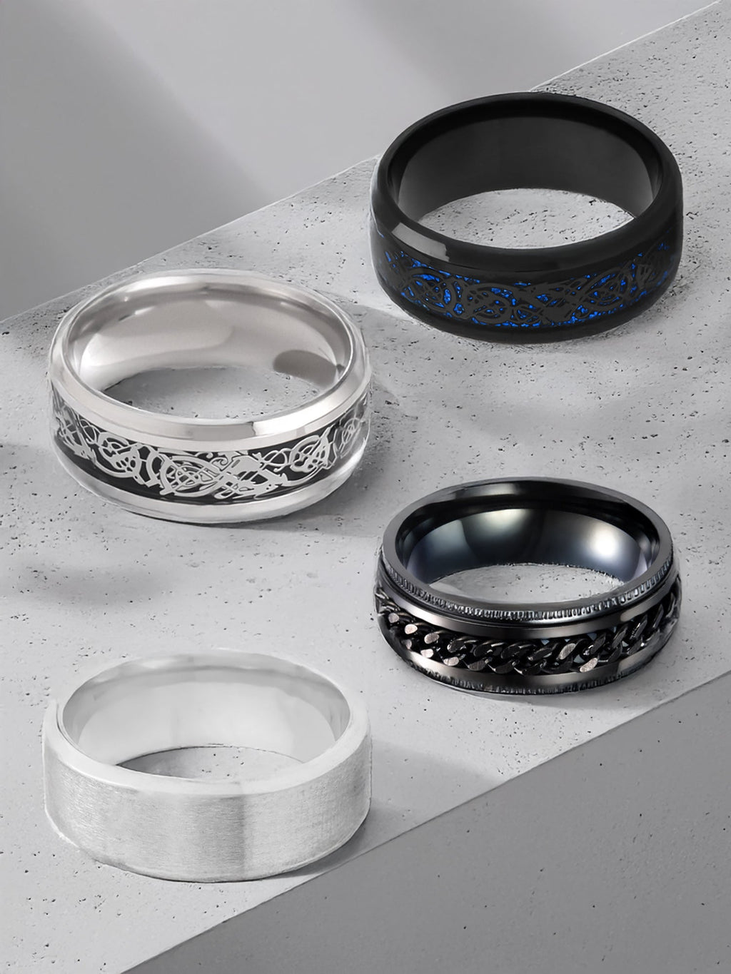 Silver Black Band Four Piece Durable Ring