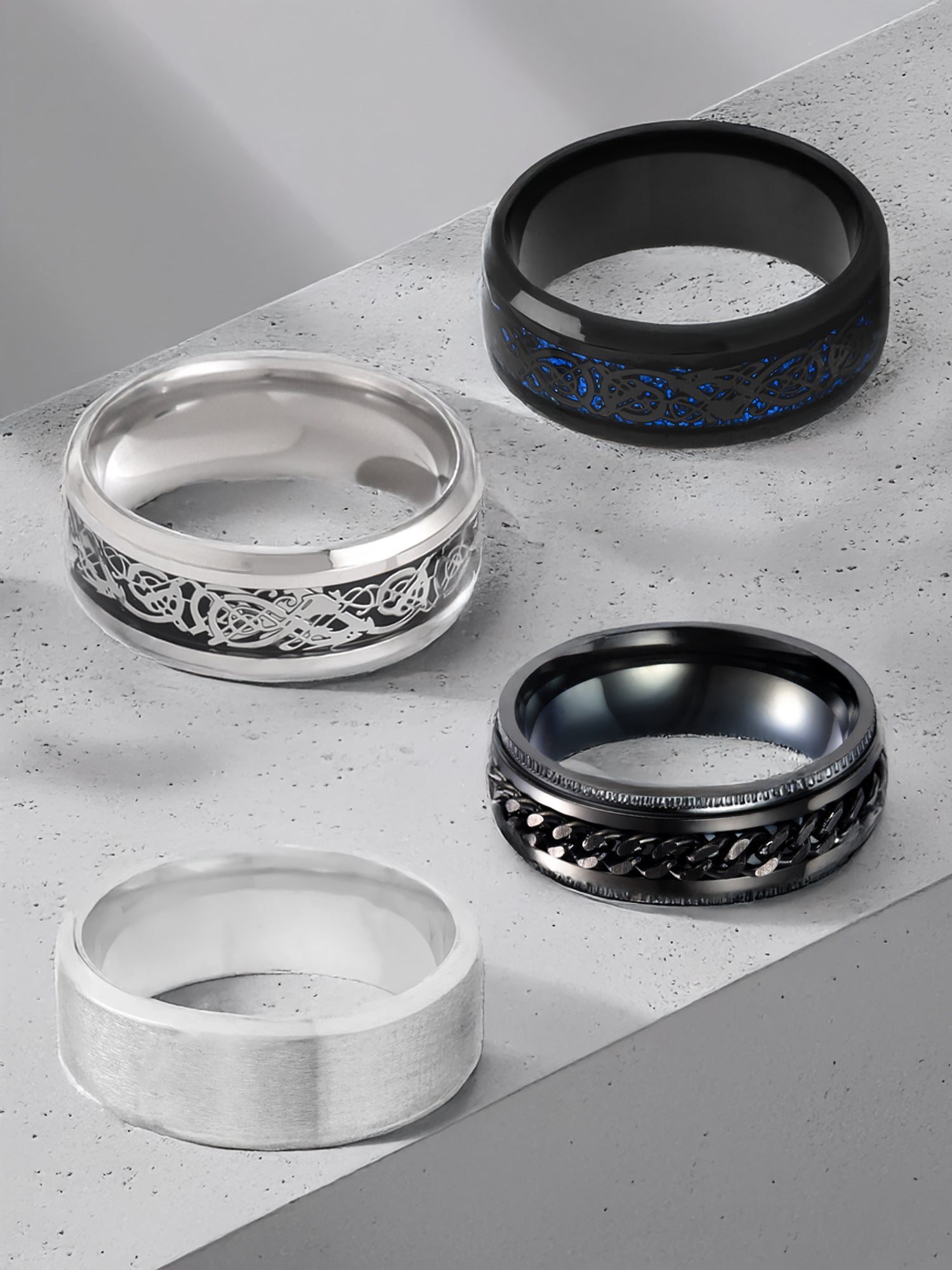 Silver Black Band Four Piece Durable Ring