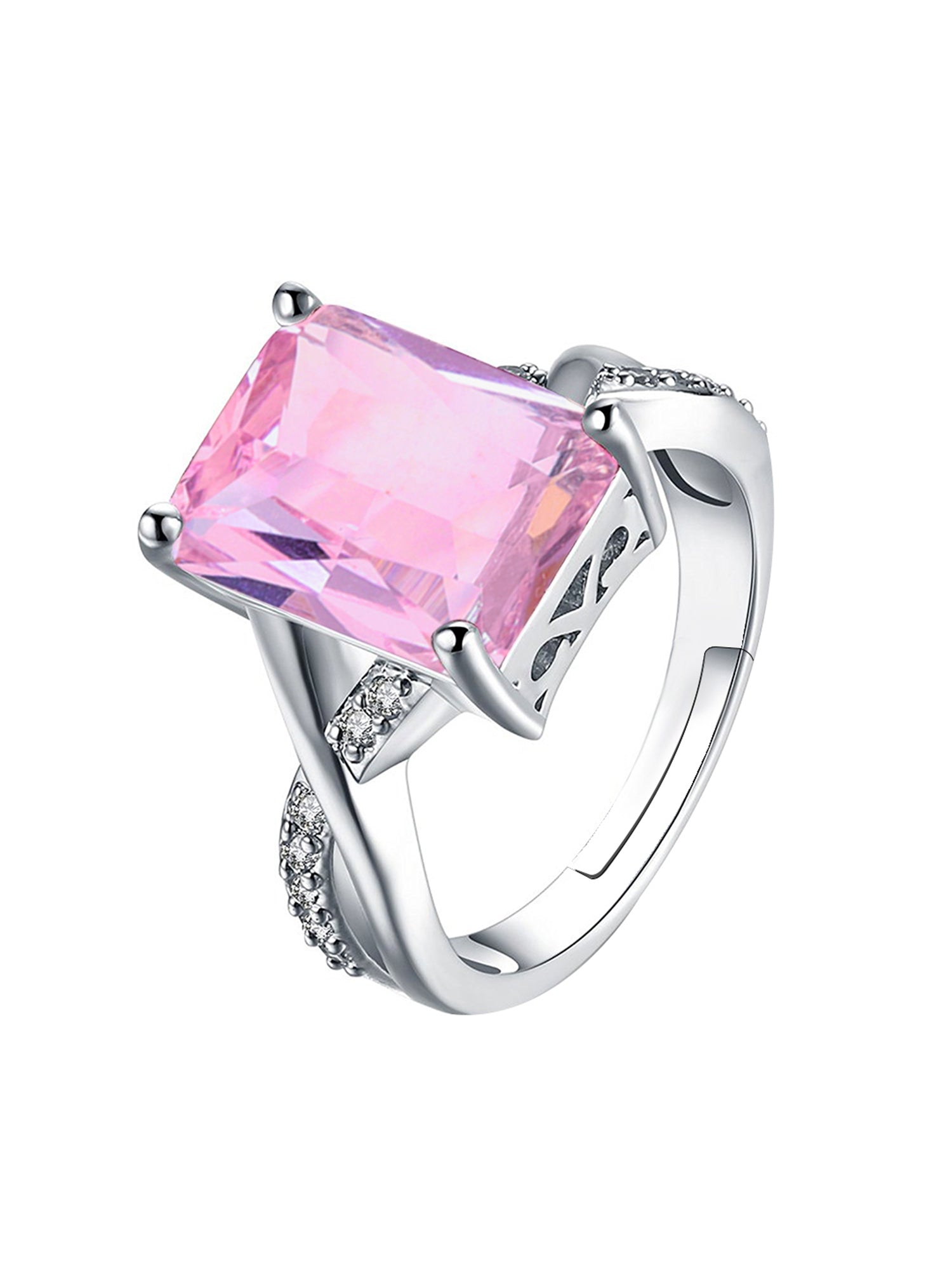 Rhodium Plated Adjustable Pink Crystal Ring