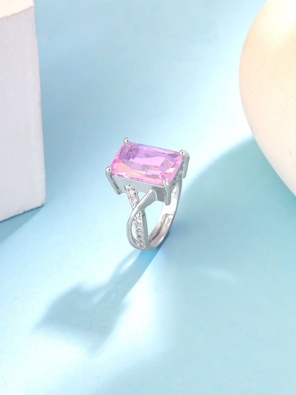 Rhodium Plated Adjustable Pink Crystal Ring