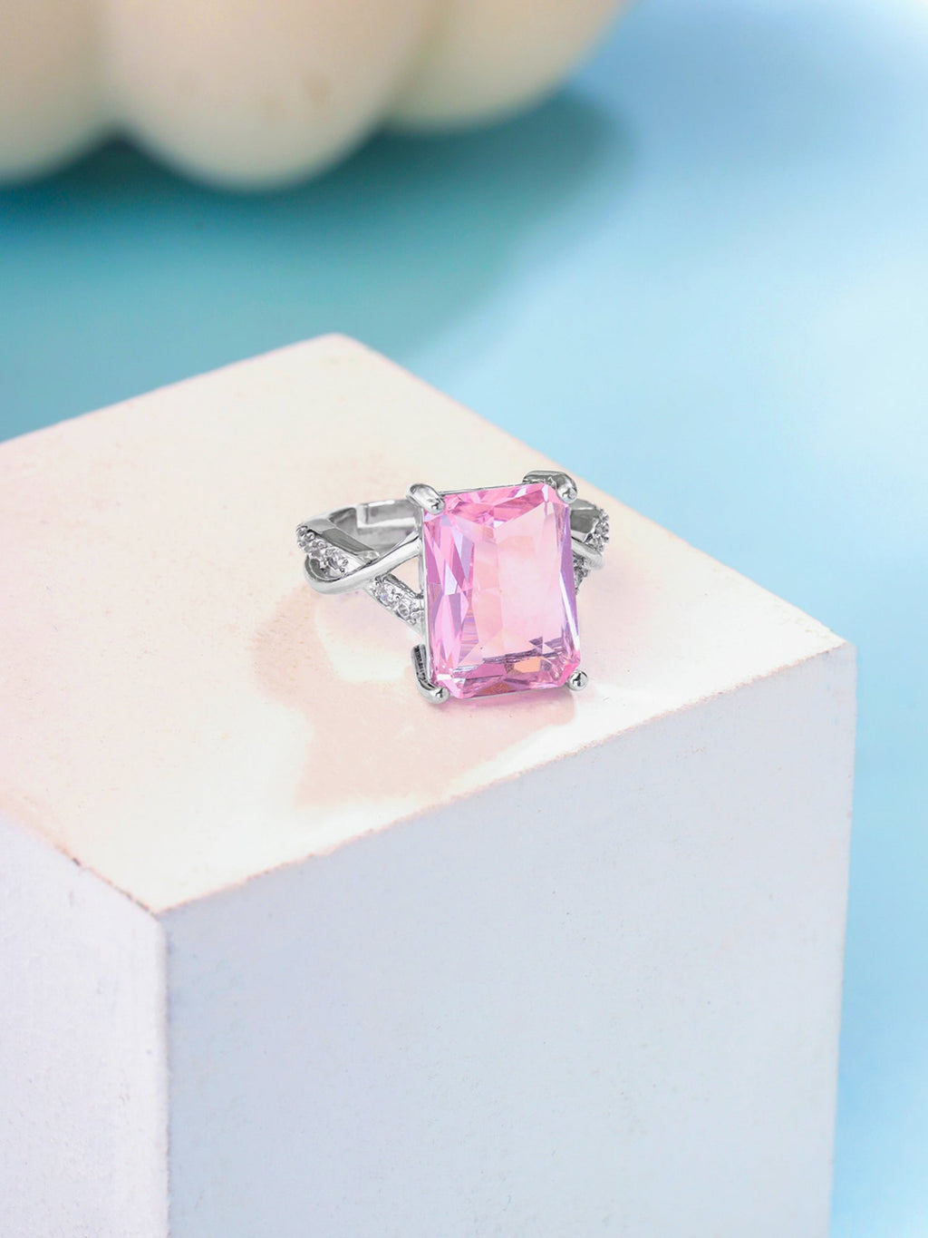 Rhodium Plated Adjustable Pink Crystal Ring