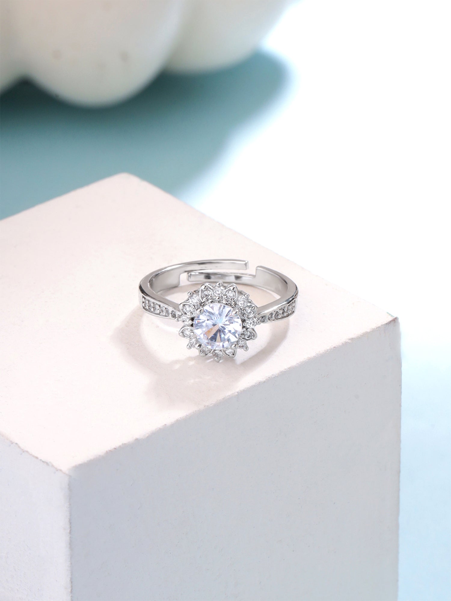 Adjustable White Crystal Silver Ring