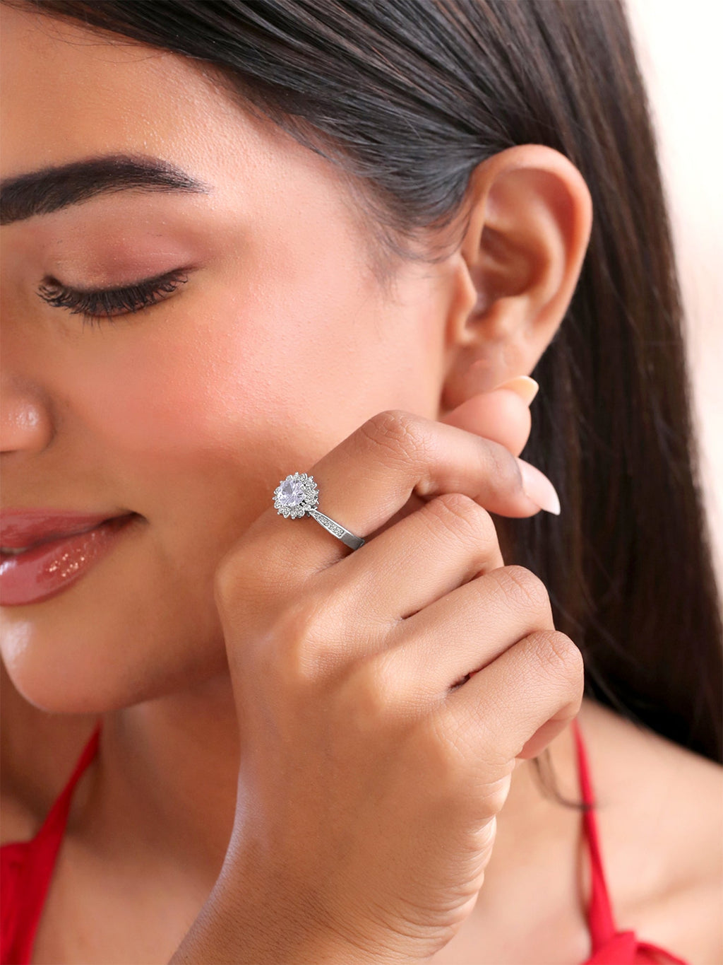 Adjustable White Crystal Silver Ring