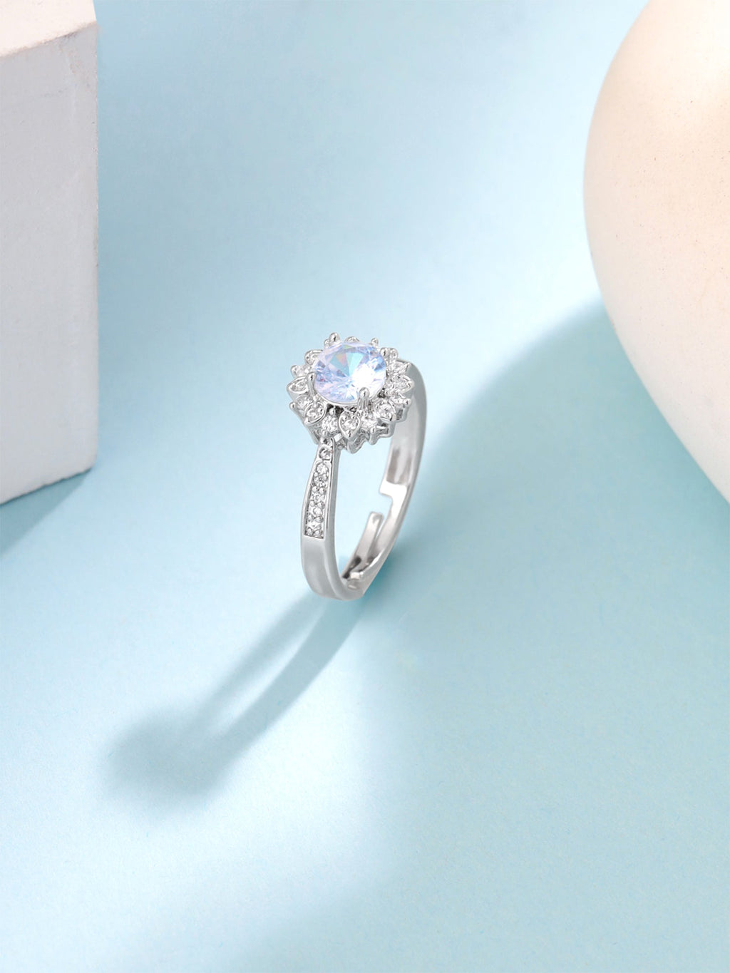 Adjustable White Crystal Silver Ring